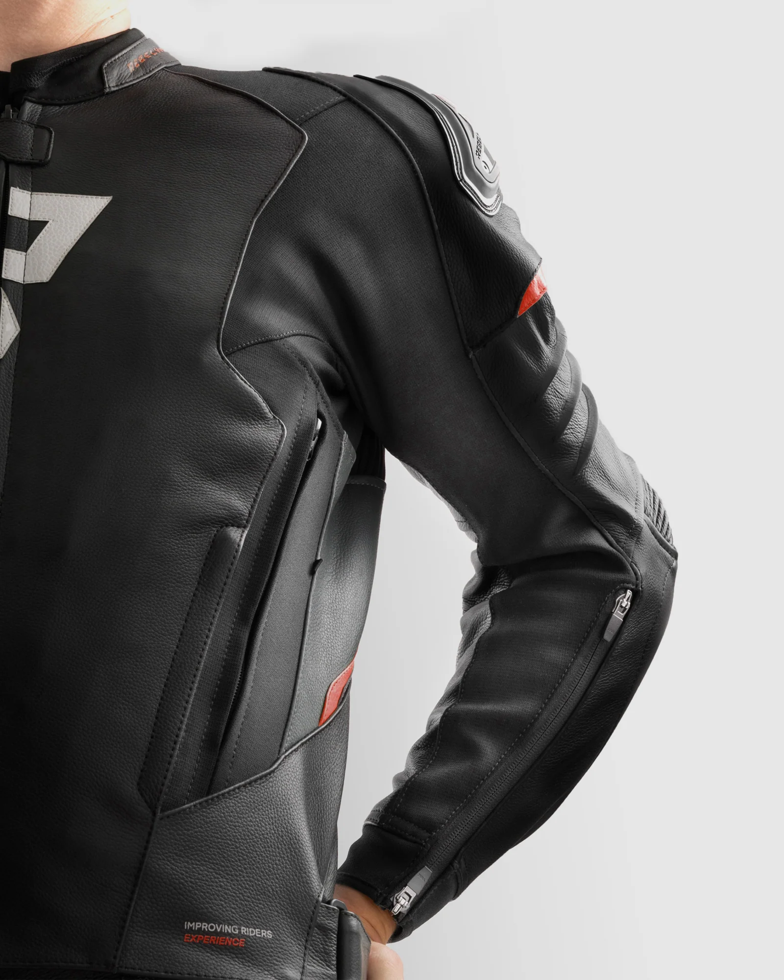 Veloce Leather Motorcycle Jacket Grey Red - Image 9