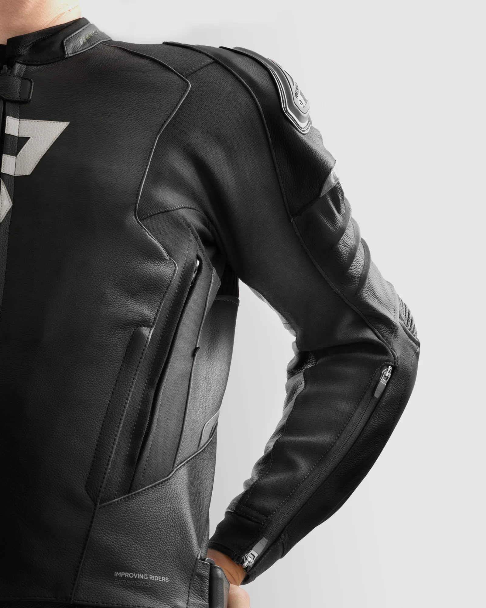 Veloce Leather Motorcycle Jacket Black White - Image 9