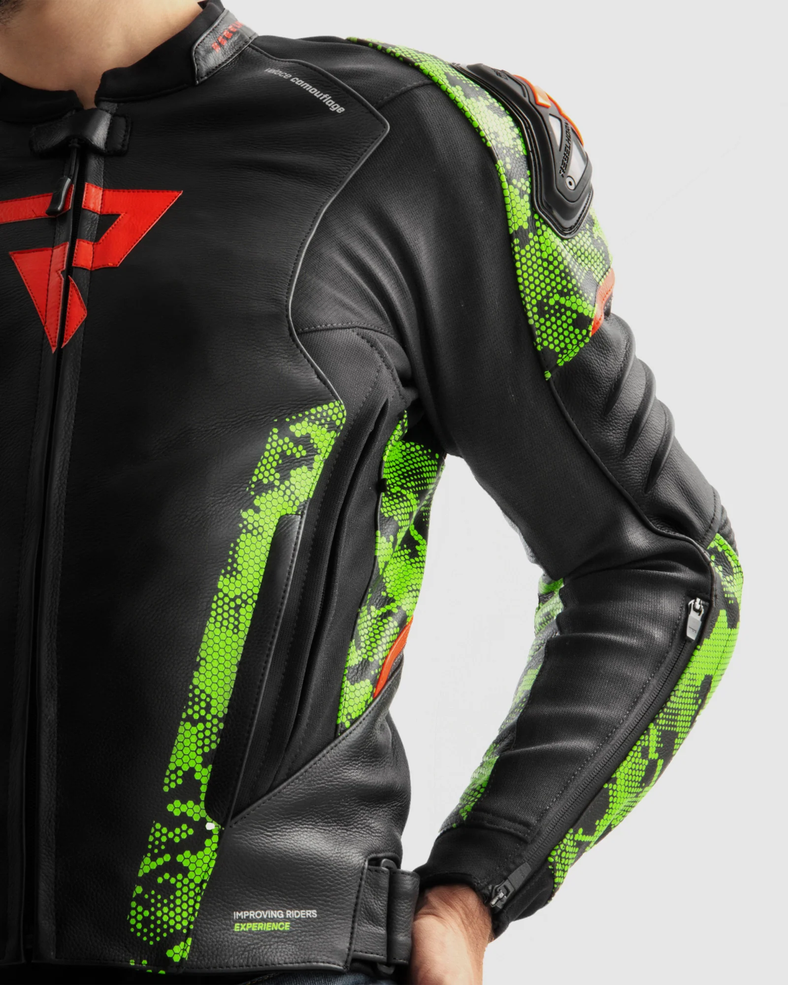 Veloce Leather Motorcycle Jacket Camo Green - Image 9