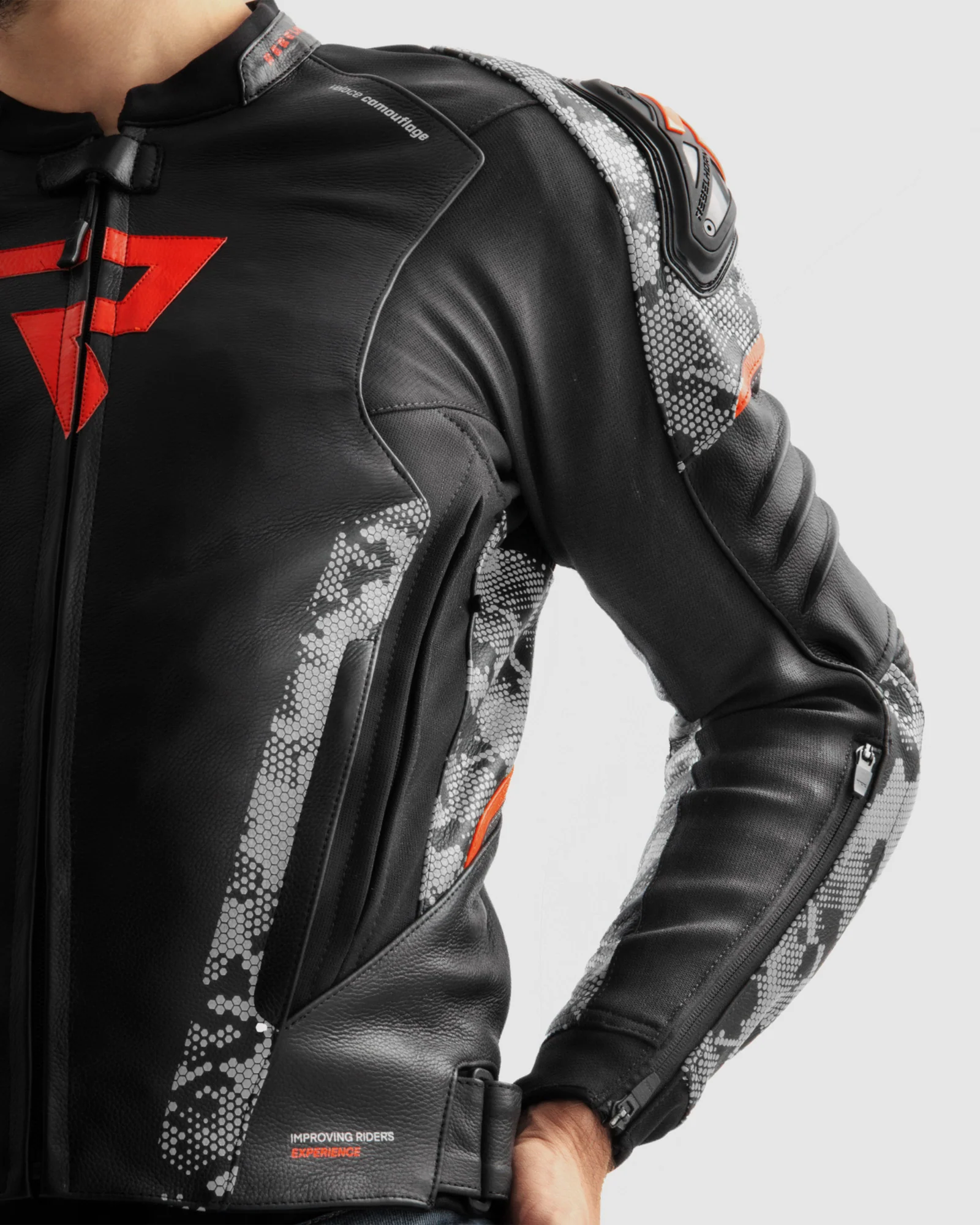 Veloce Leather Motorcycle Jacket Camo Grey - Image 9