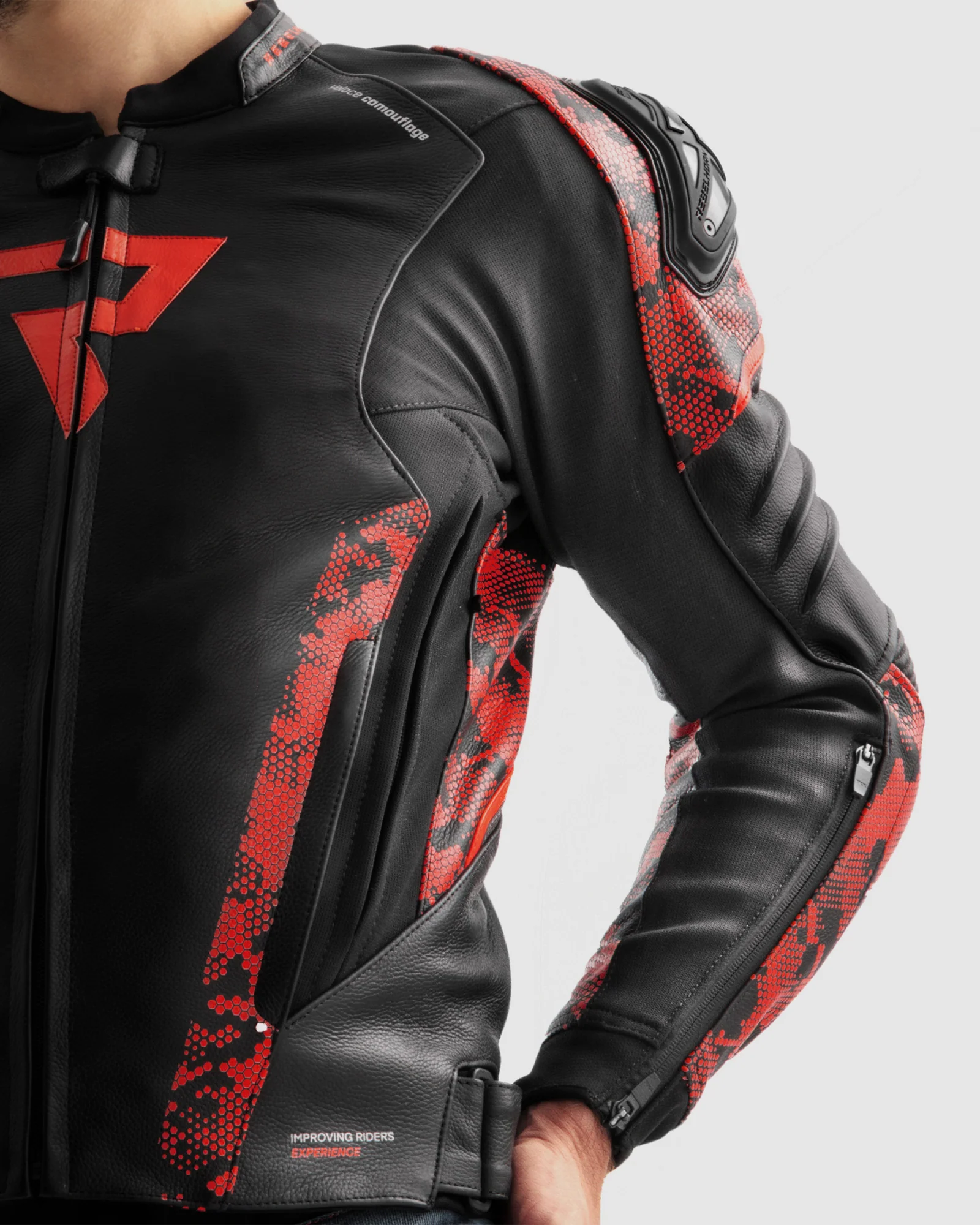 Veloce Leather Motorcycle Jacket Camo Red - Image 9
